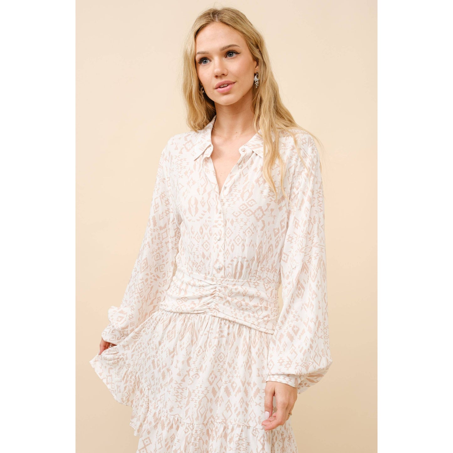 34940D - Ikat Aztec Print Button up Ruched Waist Shirt Dress