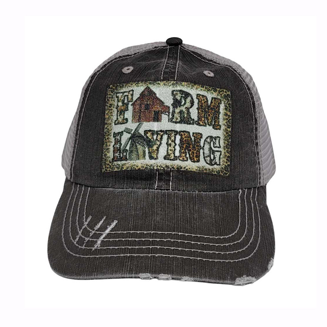 BHW - Distressed Black & Grey With Glitter Patch “Farm Living” Velcro Back Ladies Ball Cap