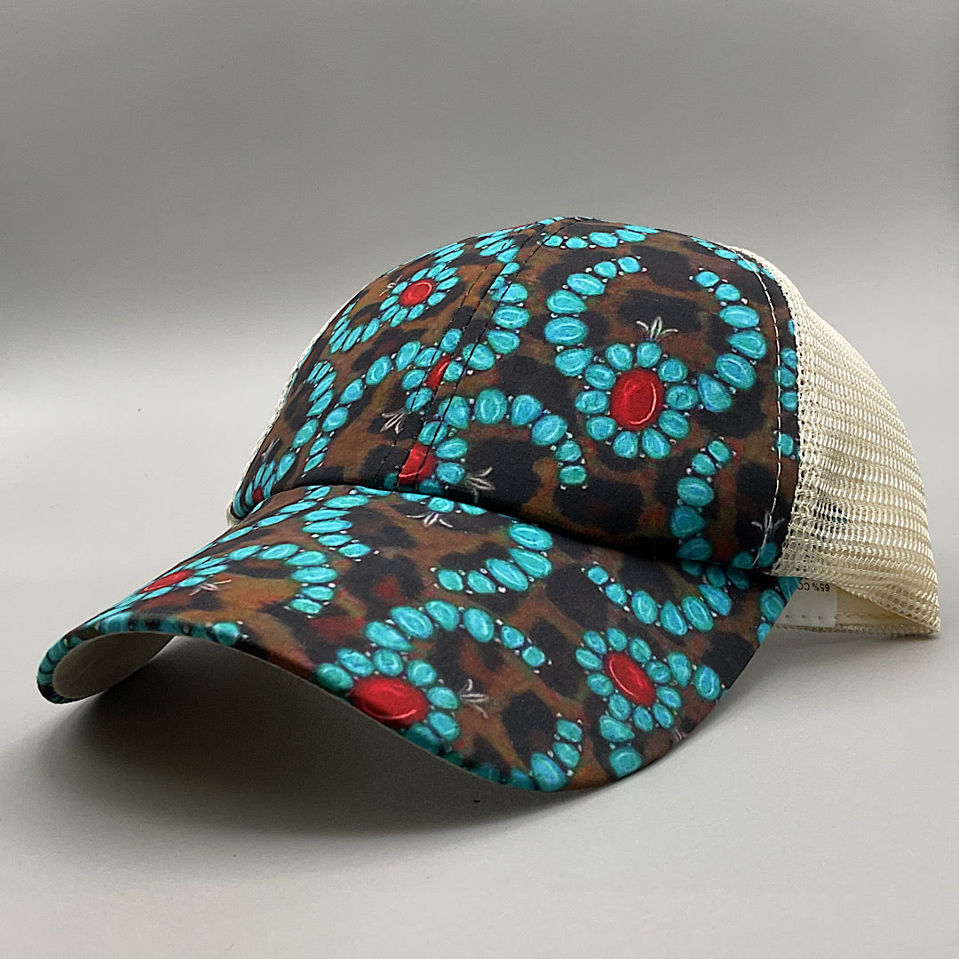 Leopard Print With Turquoise Necklace Print & Cream High Pony Velcro Back Ladies Ball Cap