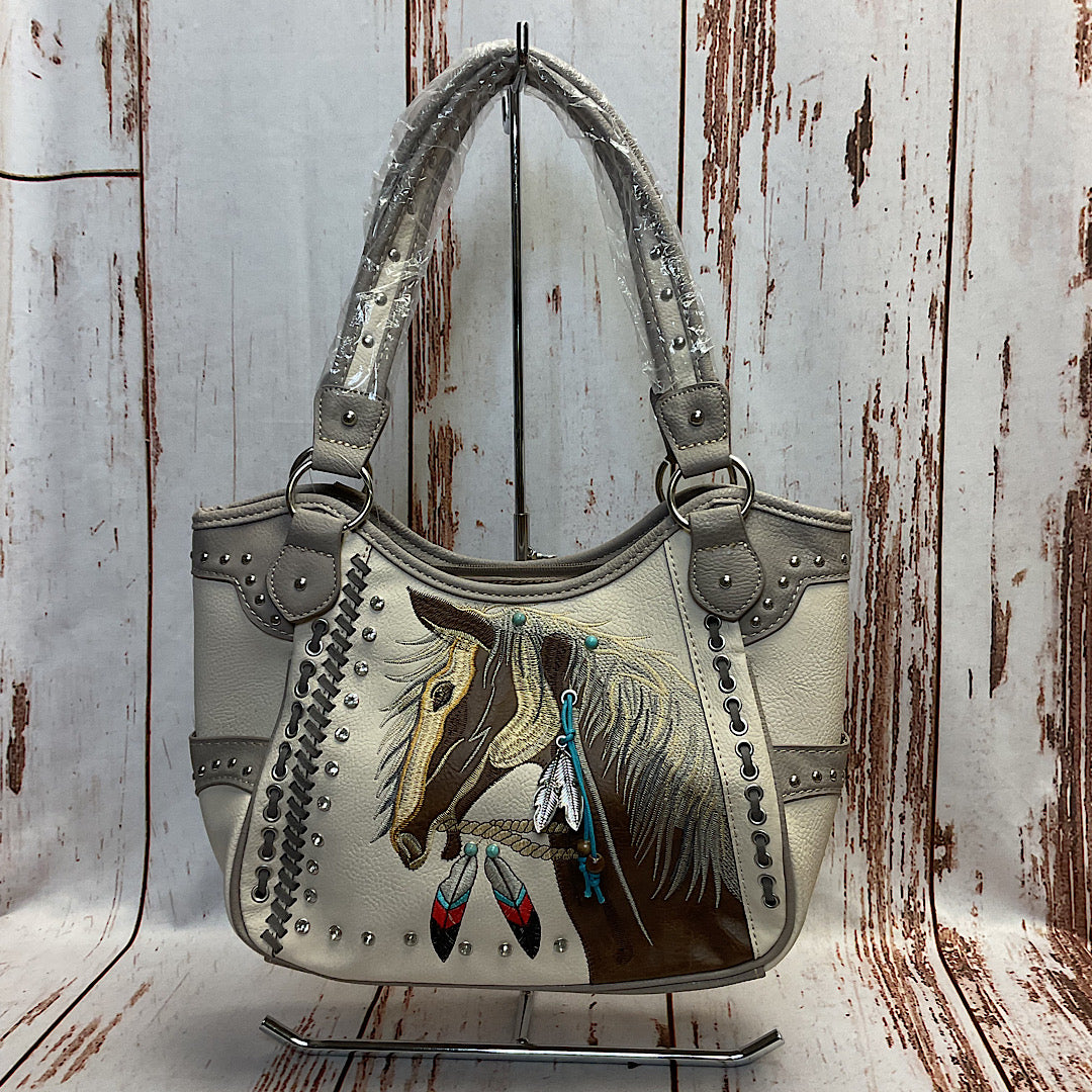 Herstation - Concealed Carry Western Horse Head Embroidered Beige Handbag G980W193