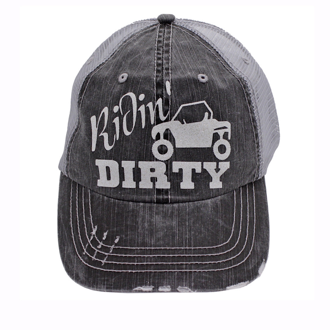 BHW - Distressed Black & Grey With Glitter “Ridin’ Dirty” Velcro Back Ladies Ball Cap