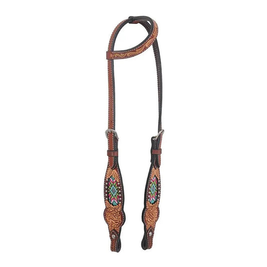 Rafter T - Carved & Beaded Inlay Chestnut Leather Headstall RTRC SE3581