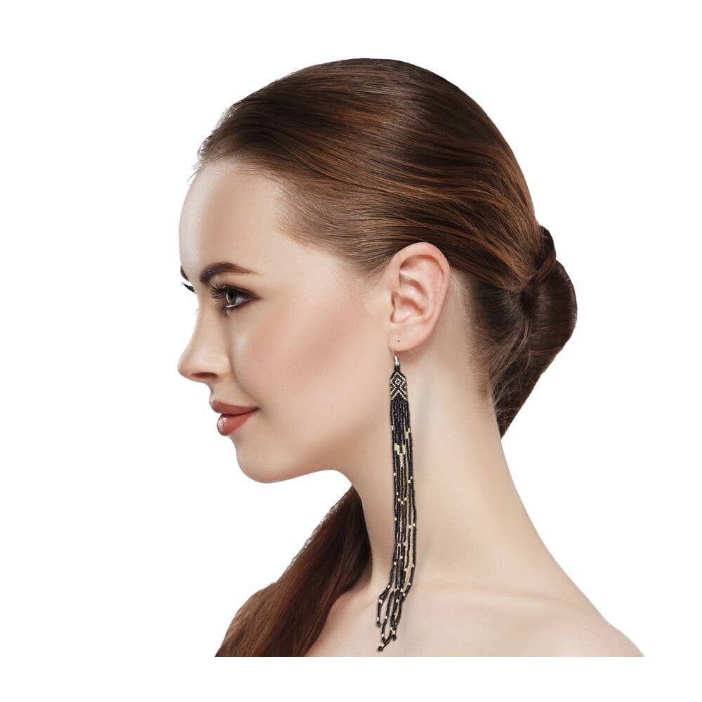Black Golden Glass Seed Beads Beaded Extra Long Earrings 6 Inch