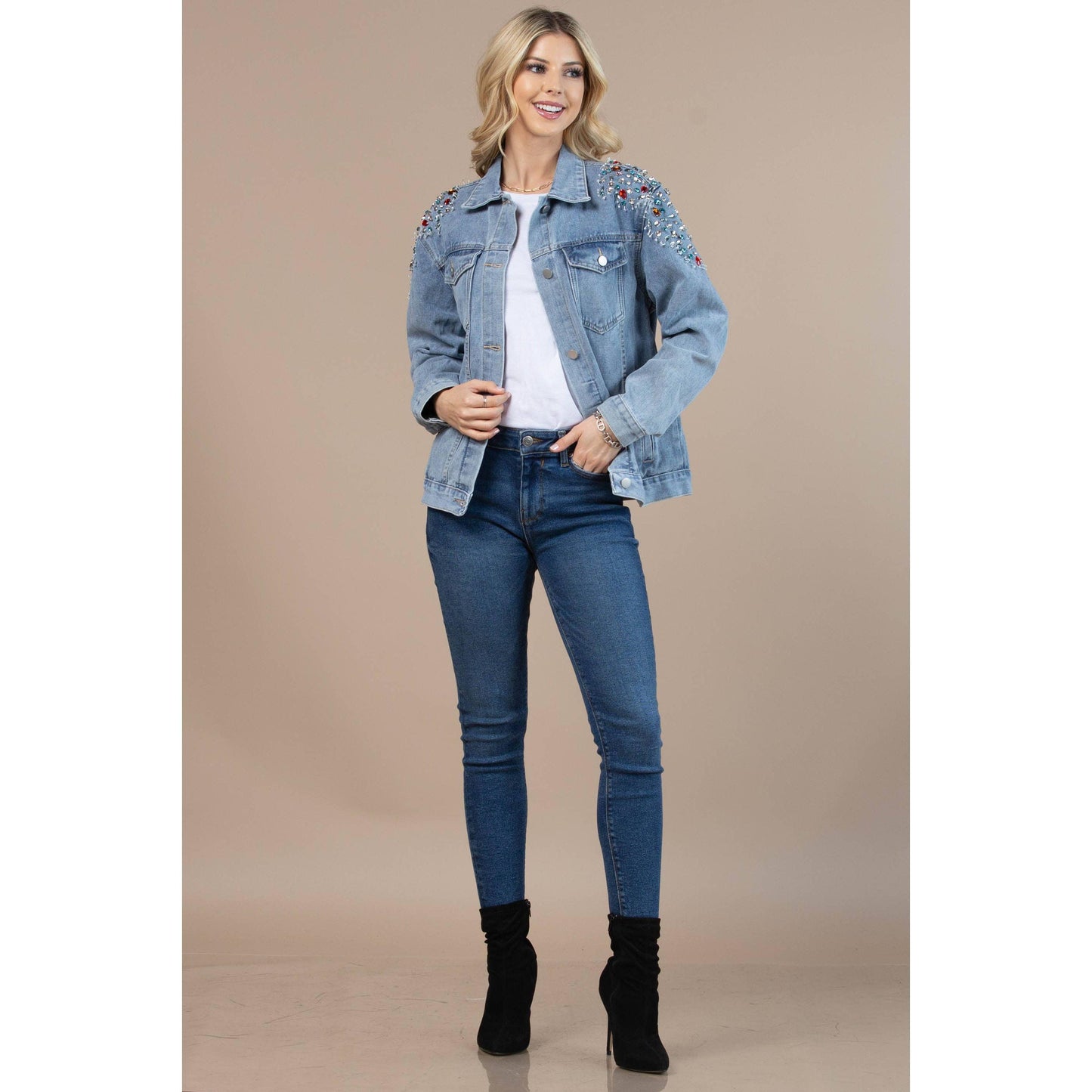 Nylon Apparel - 63001-Shoulder Rhinestones Washed Denim Jacket