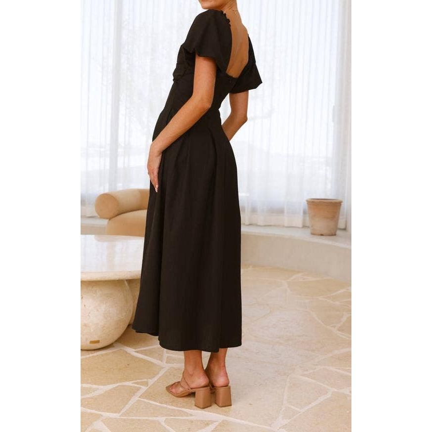Twist-Front Puff Sleeve Maxi Dress