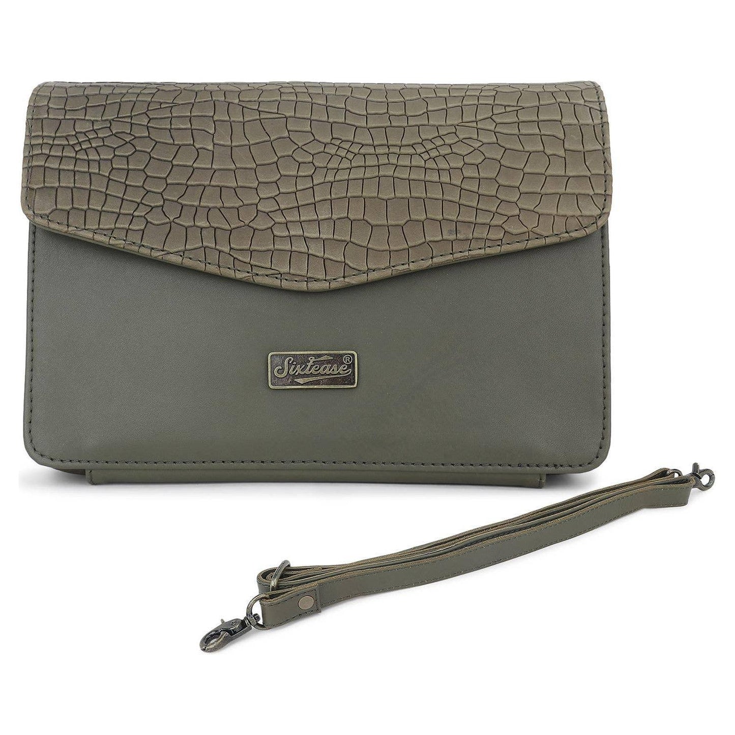 Sixtease Bags - Leather Womens Clutch Bag - Olive Croco Print
