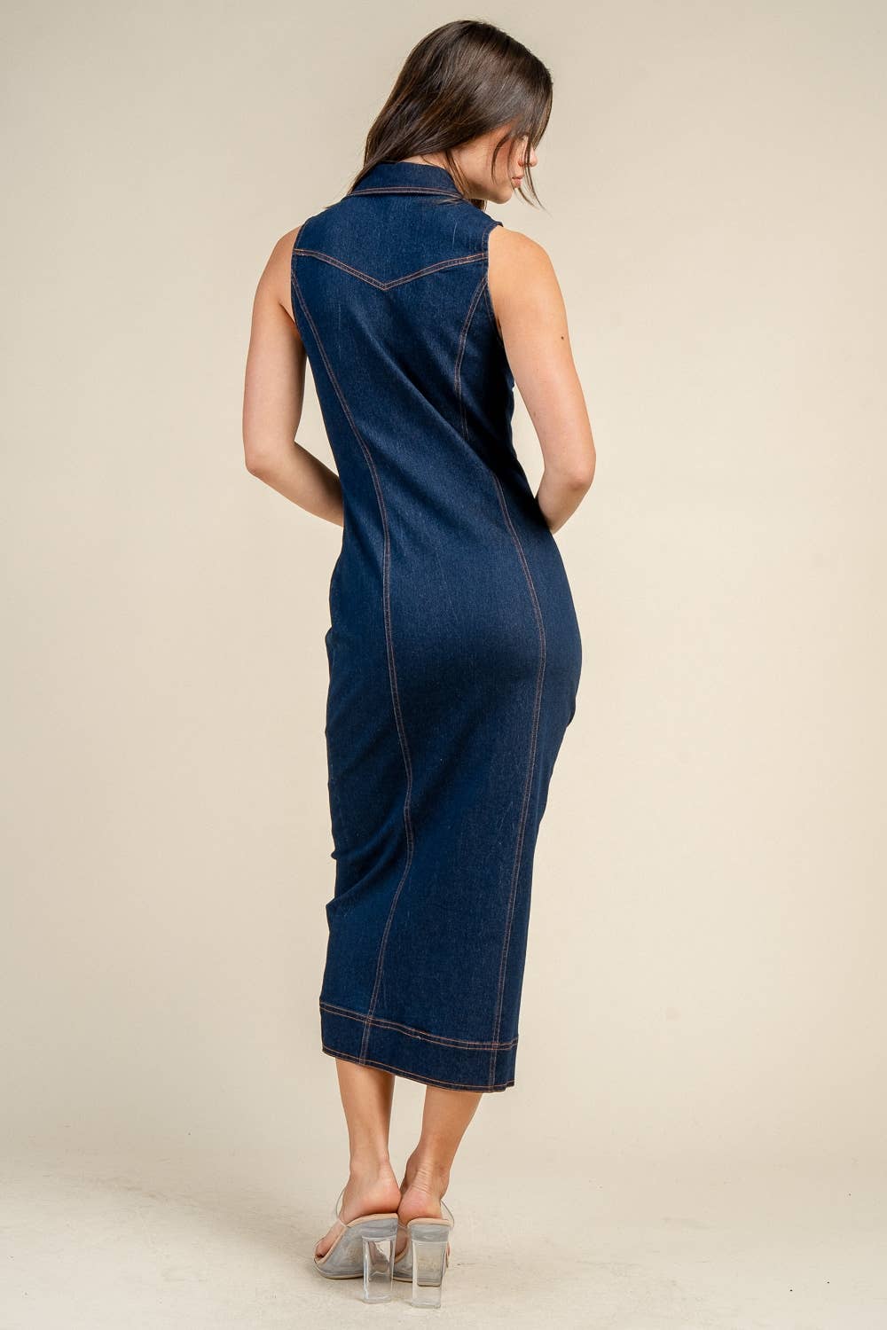 Denim FITTE,D SLEEVE LESS, COLLAR MIDI DRESS BD13375N