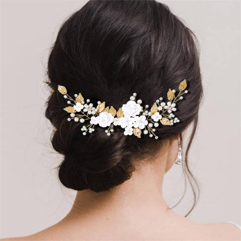 Pearl Flower Leaf Bridal Wedding Hair Clip in Solid Copper