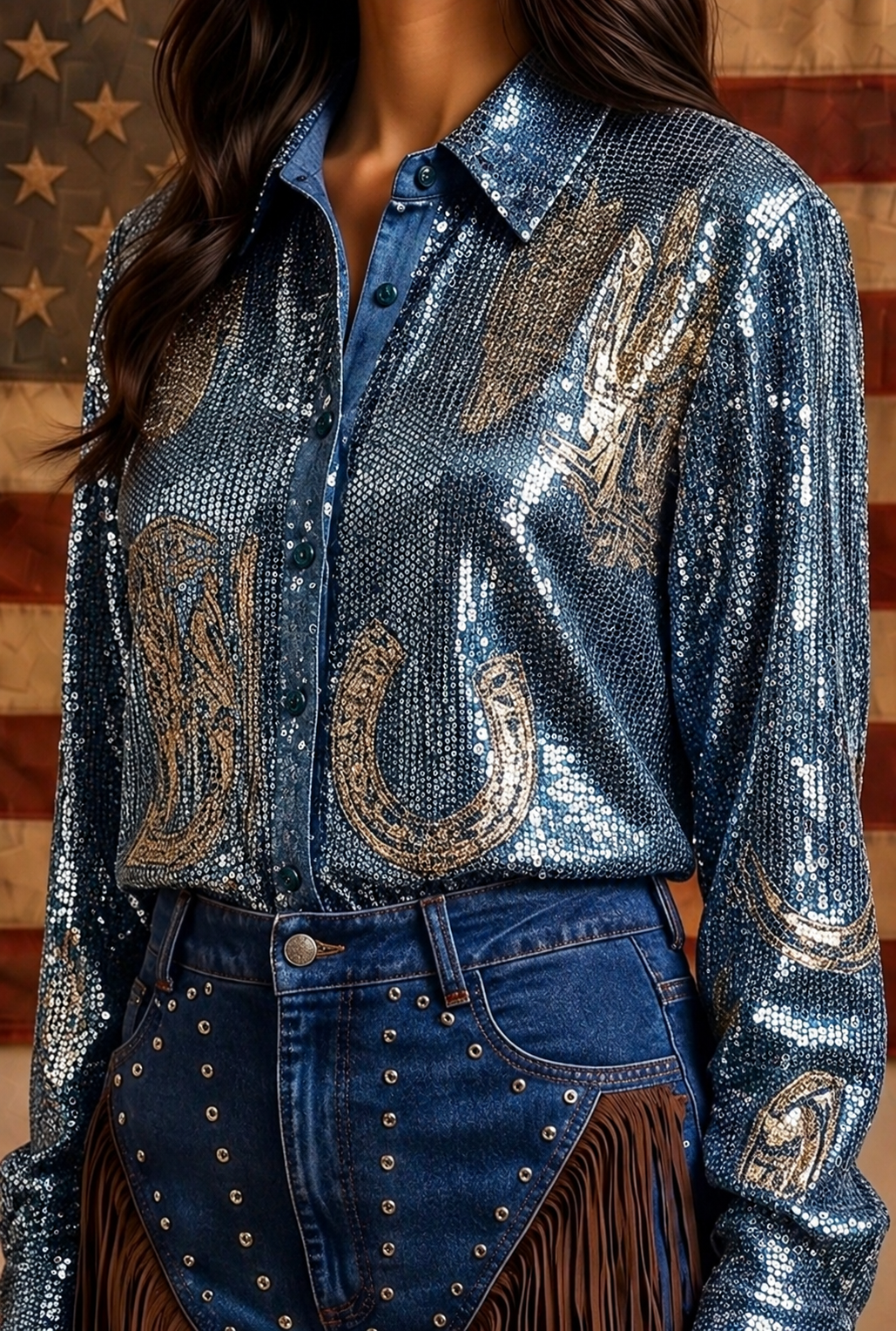 Western Embroidery Sequin Button Down Shirt