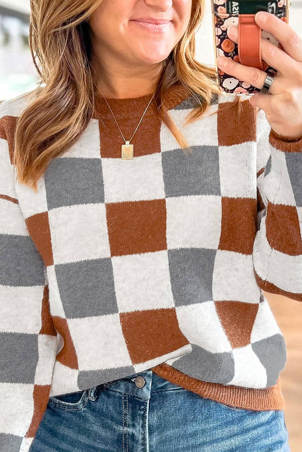 Brown Plus Size Checkered Crewneck Sweater