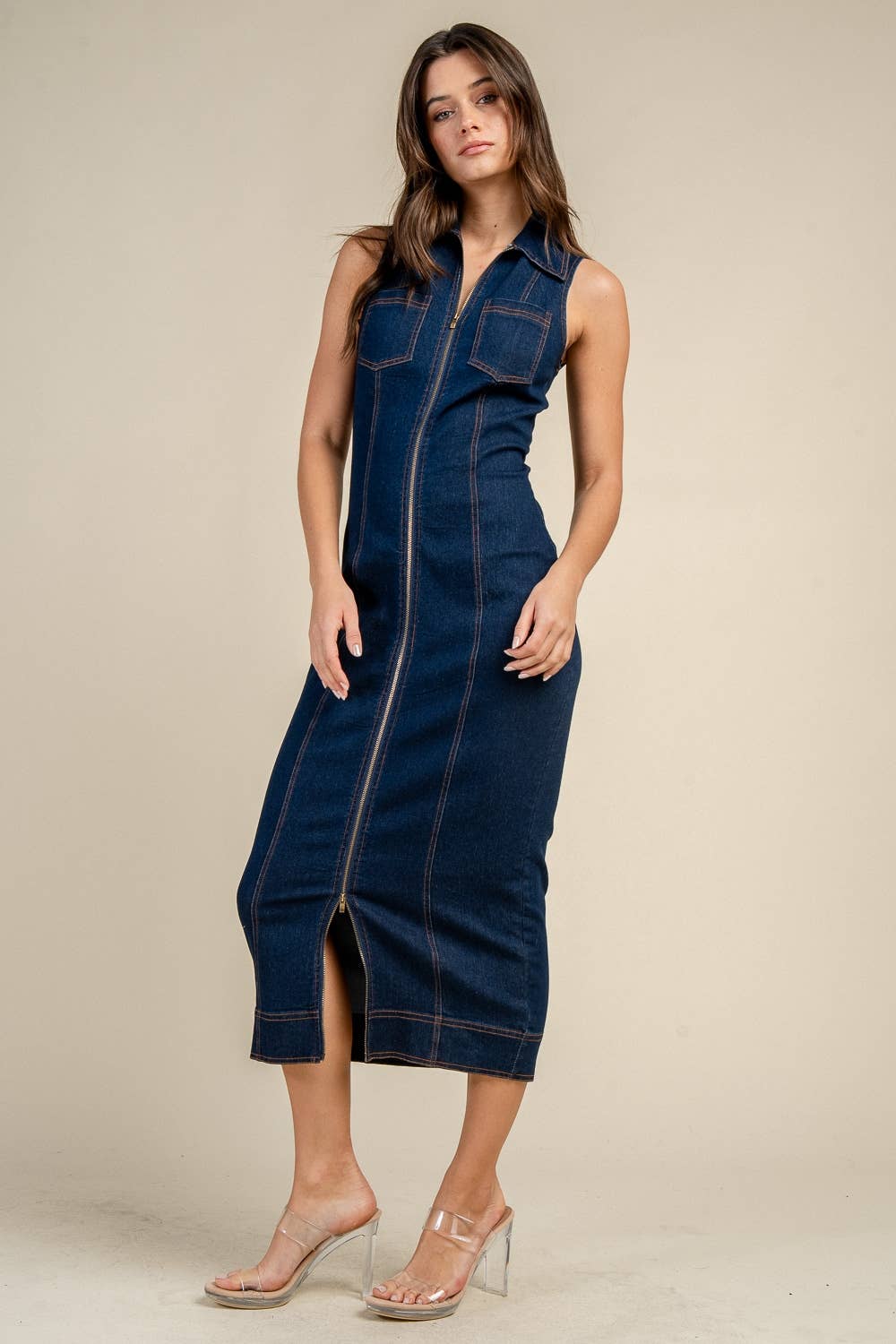 Denim FITTE,D SLEEVE LESS, COLLAR MIDI DRESS BD13375N