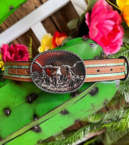 CACTUS PRINTED KIDS BELT WITH LONGHORN COW BUCKLE.