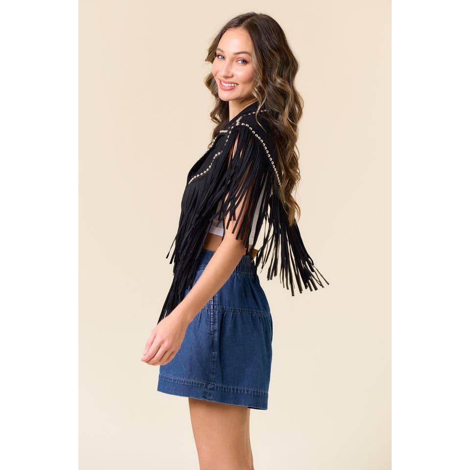 SIJ5338A BLACK STUDDED FRINGE SHRUG