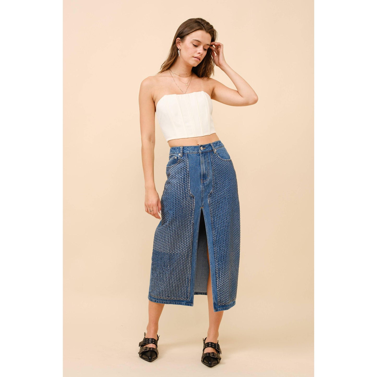 Blue B - 23052S - Embellished Stone Slit Midi Denim Skirt