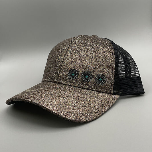 2 Fly Co - Gold Shimmer & Black High Pony Snap Back Ladies Ball Cap