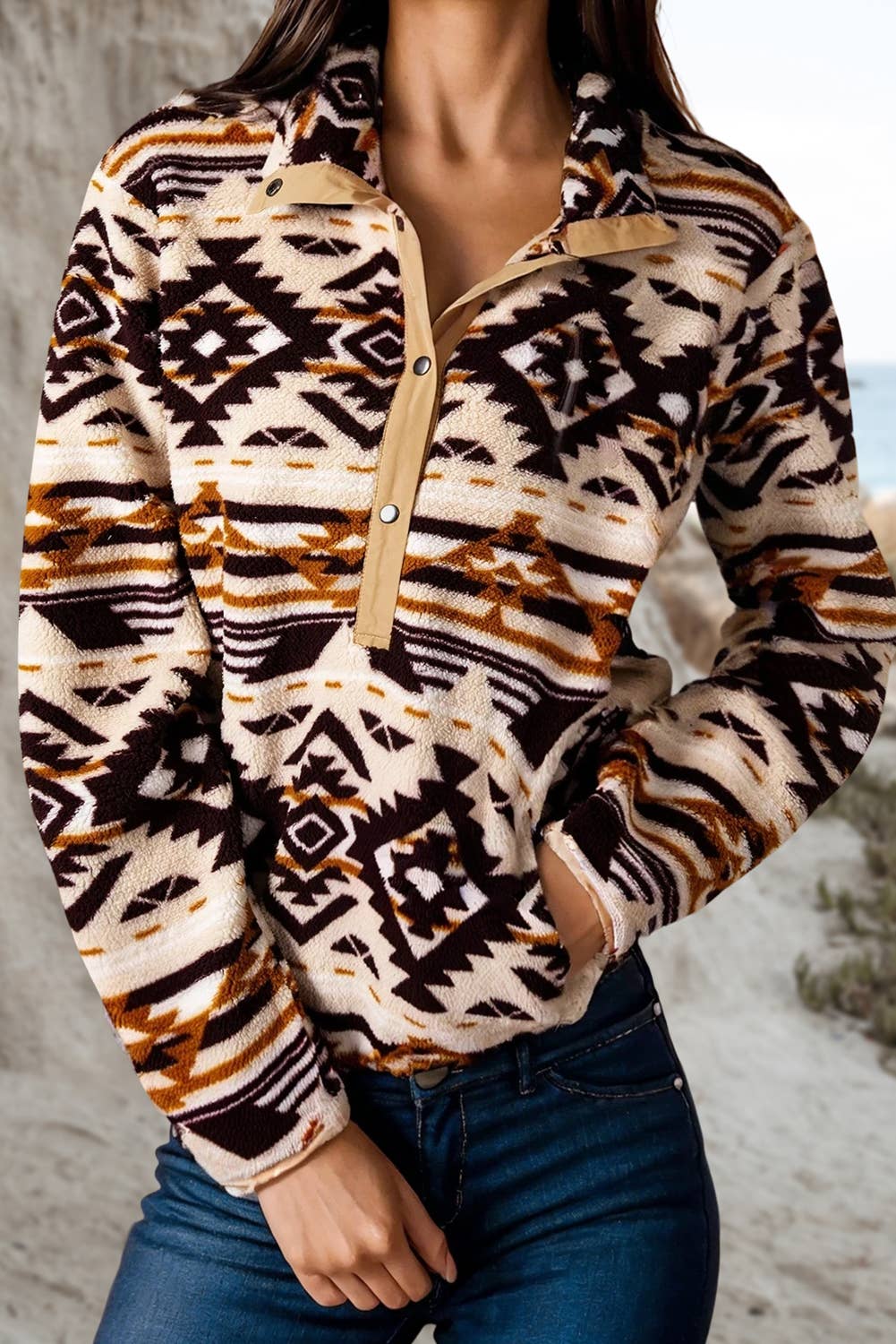 Western Geometric Half Button Up Sweatshirt