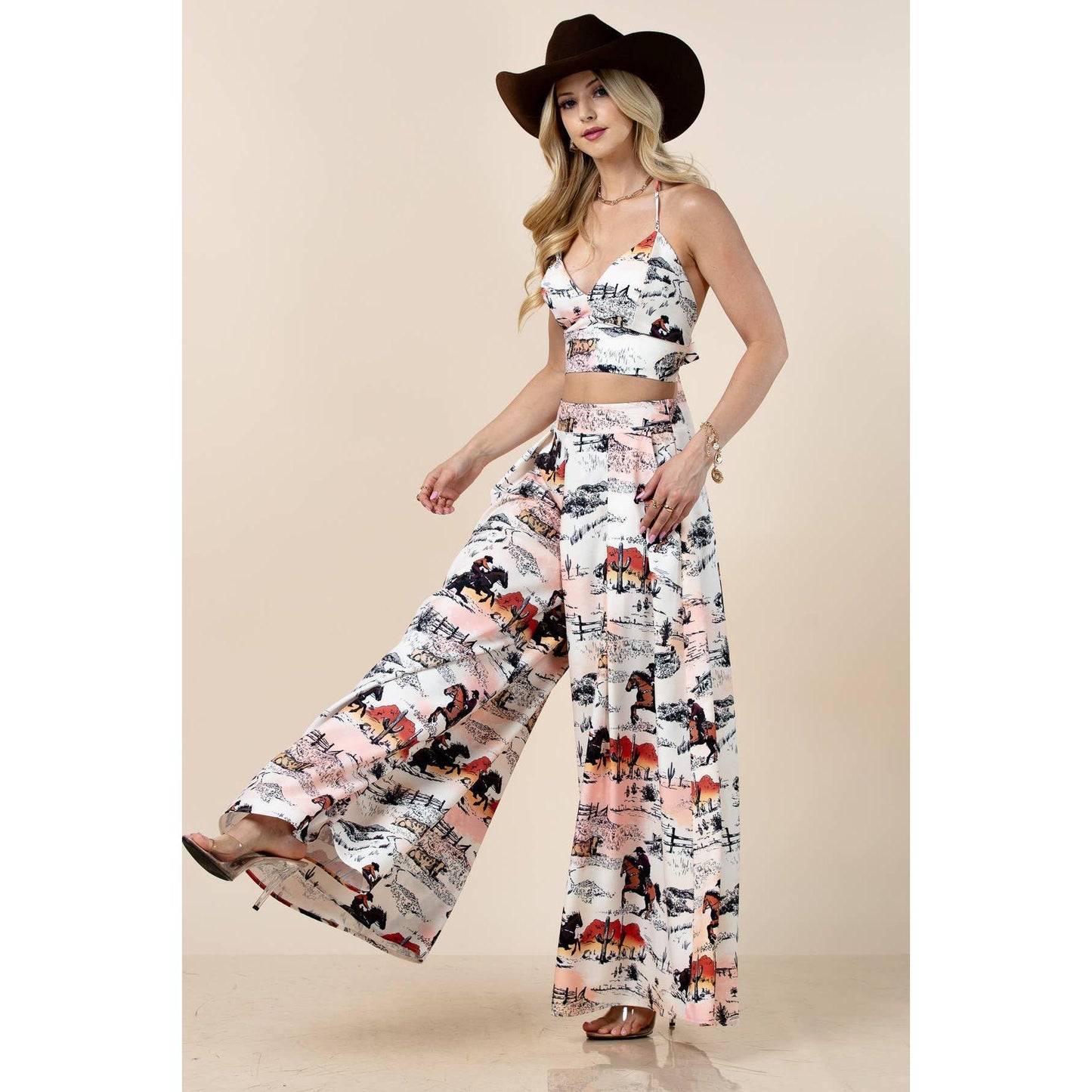 Nylon Apparel - P919-6275-Hilda Vintage Western Horse Print Wide Leg Pants