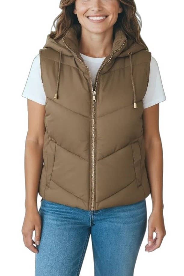 Woven Puffer Vest With Hood