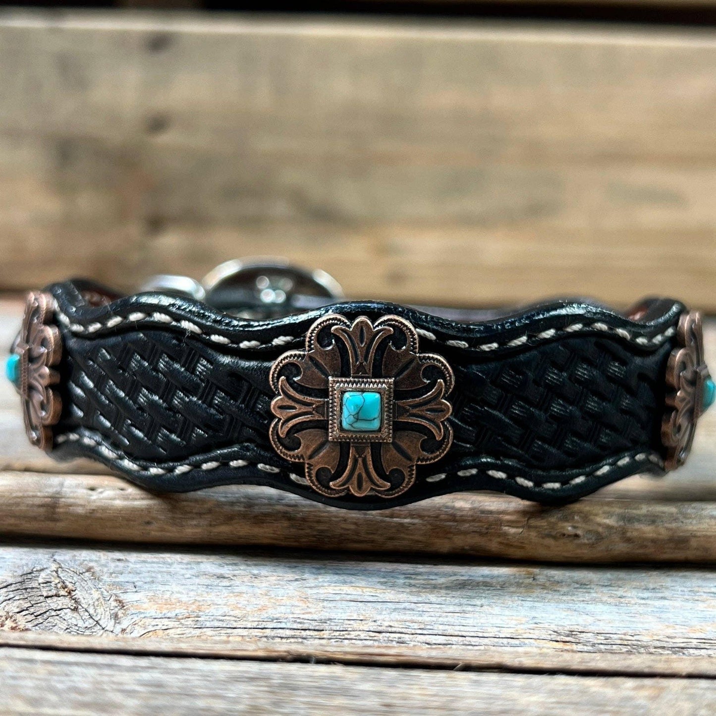 Rodeo Drive - Leather Dog Collar with Copper Fleur De Lis 10" to 22"