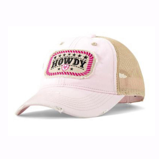 Ariat - Distressed Light Pink & Tan With Howdy Ariat Logo Patch Velcro Back Ladies Ball Cap A300084624