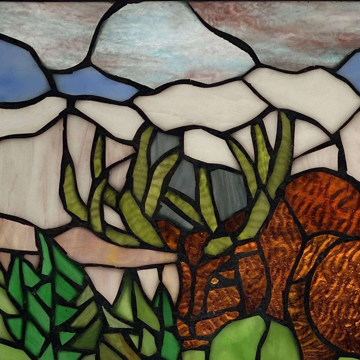 12"H Moose in Mountain Scape Stained Glass Window Panel