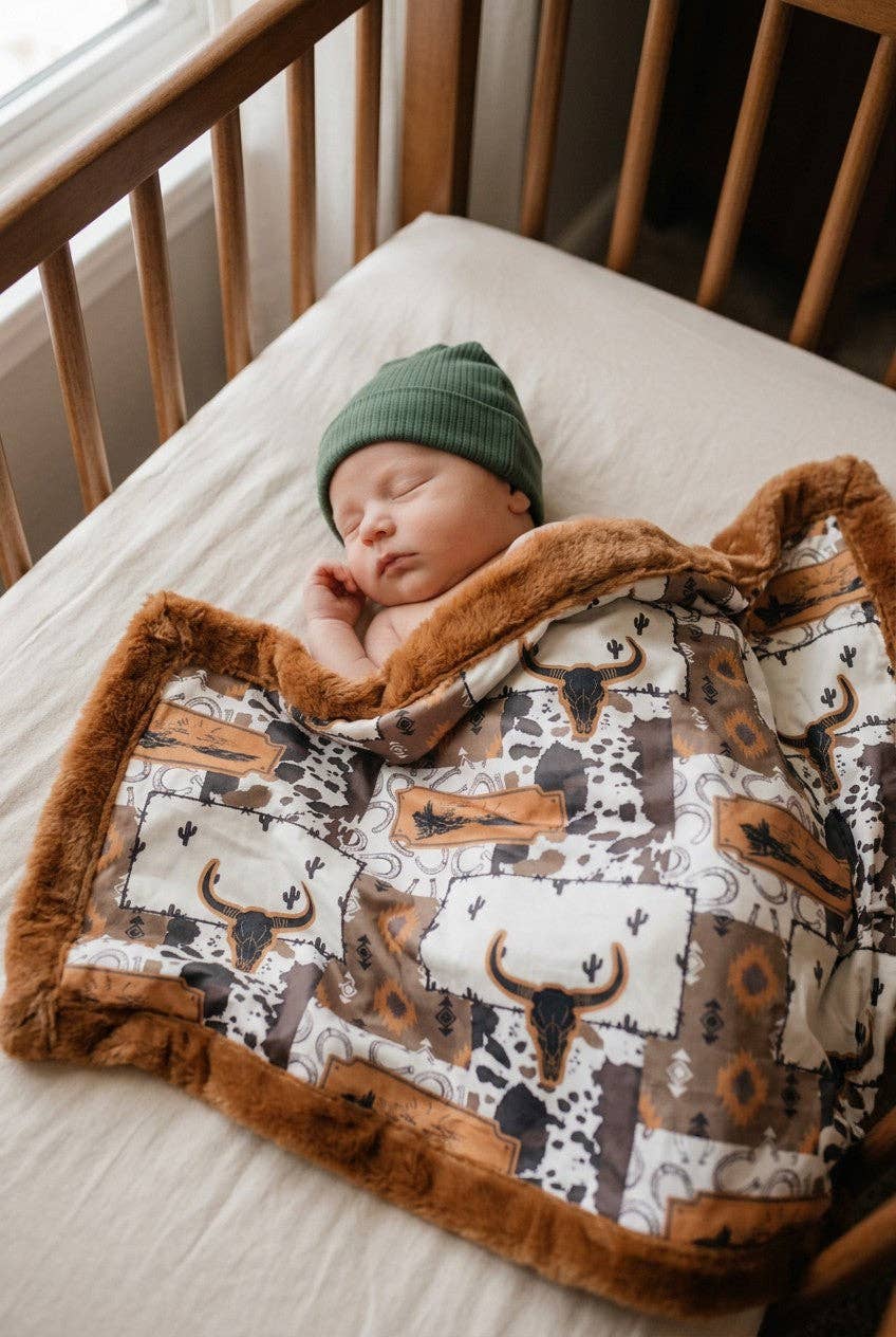 32 inch X 32 inch bull skull and cow printed baby blanket. BL0508