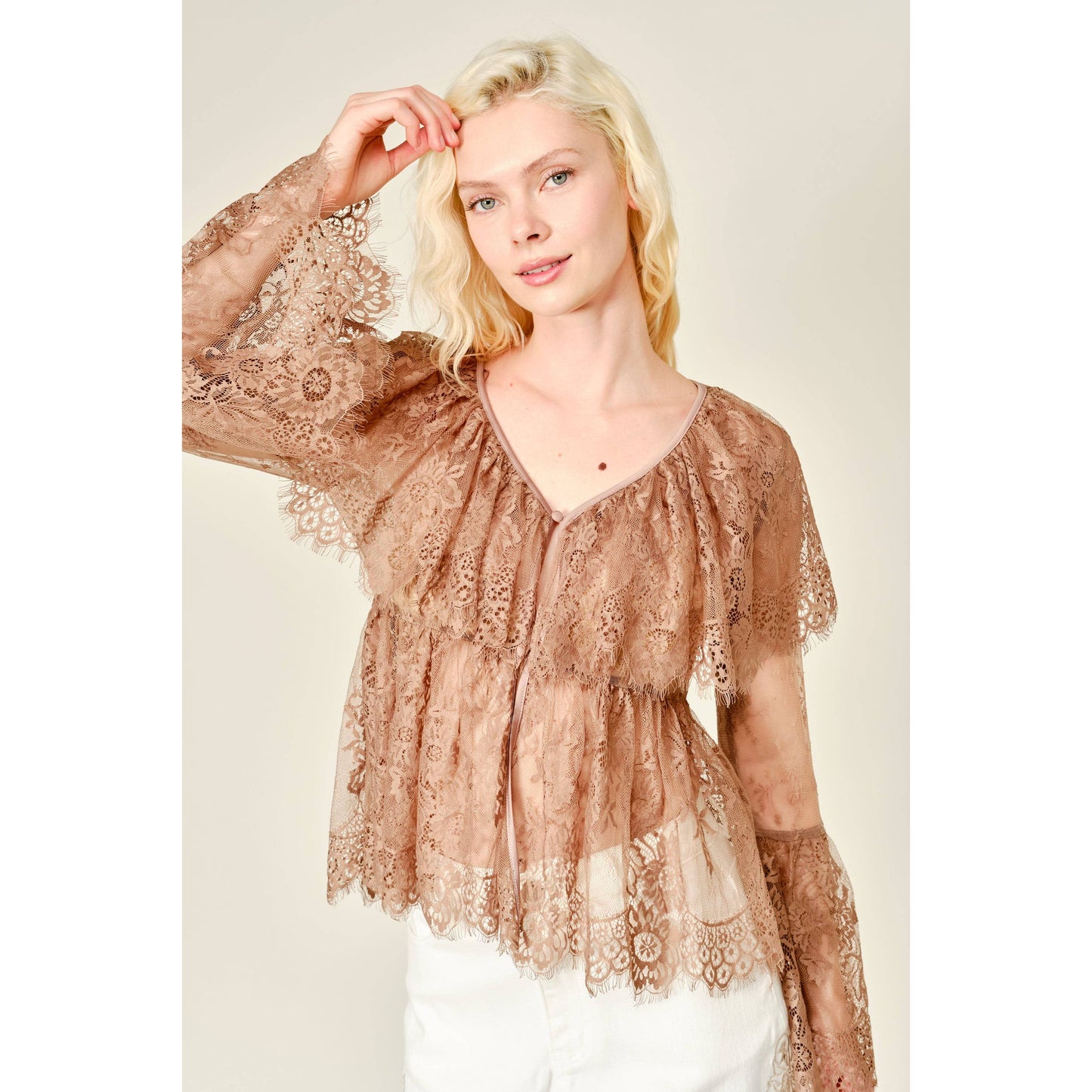 Blue b Ruffle Long Sleeve Lace Sheer Cape Blouse 52196T