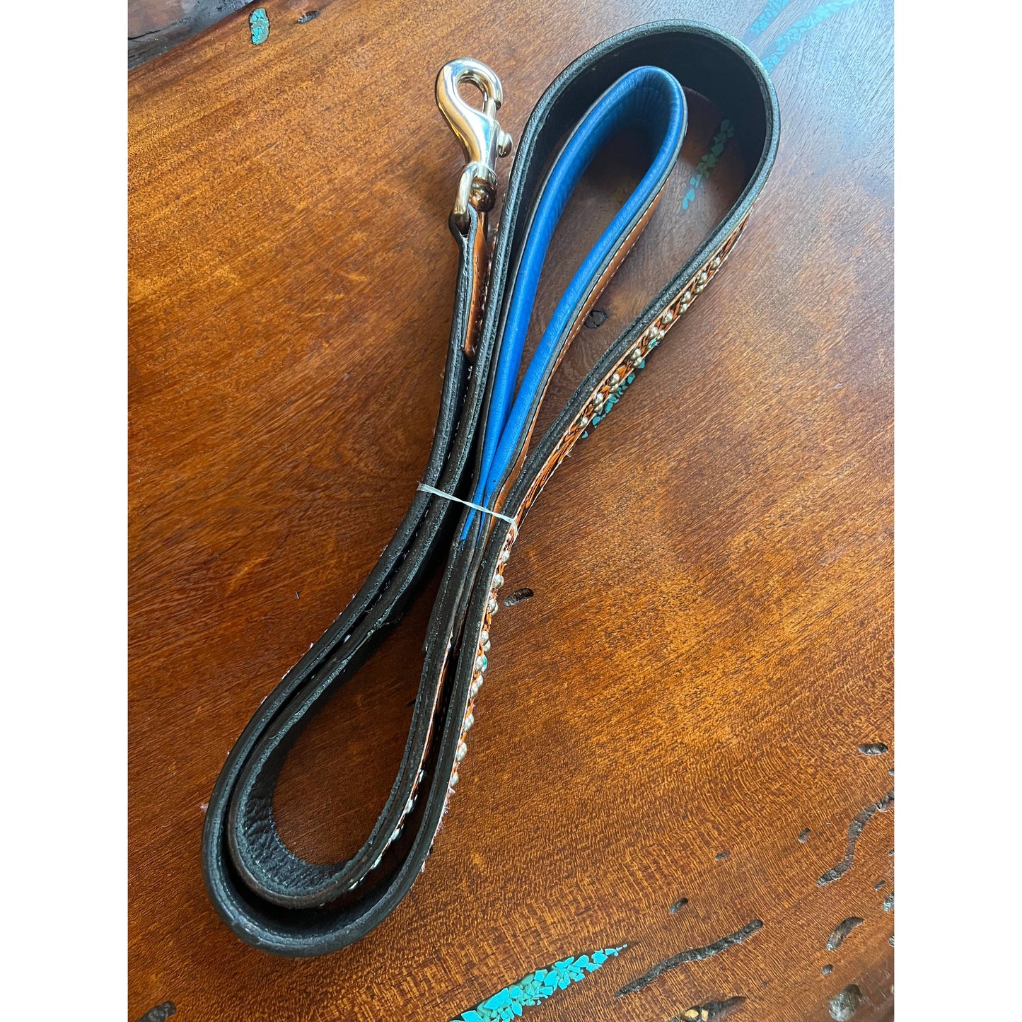 Western Tooled Leather Fancy Dog Leash Blue Padded Handle