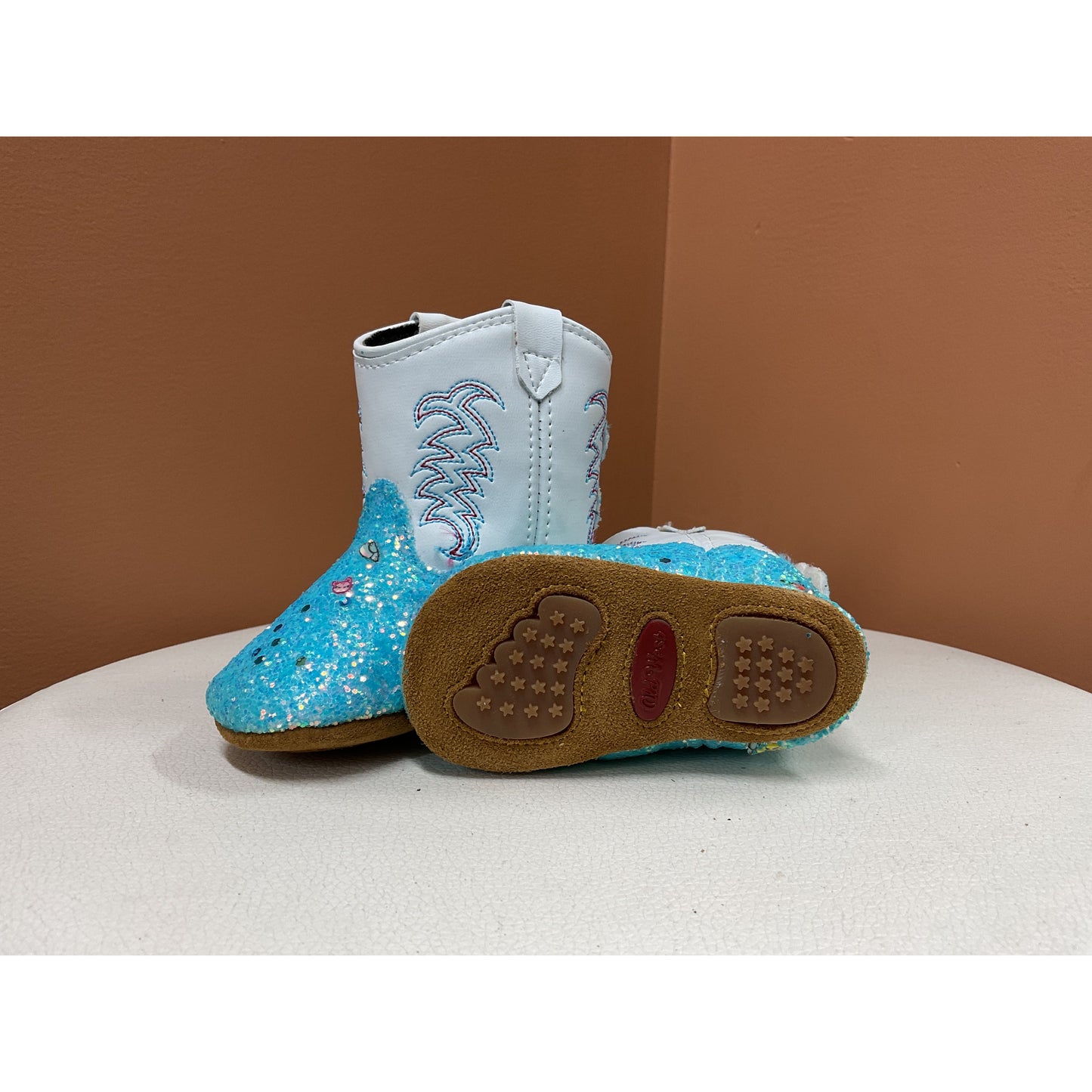 Old West, Poppets, Infant Baby Soft Cowboy Boot, Blue Sparkle 10149