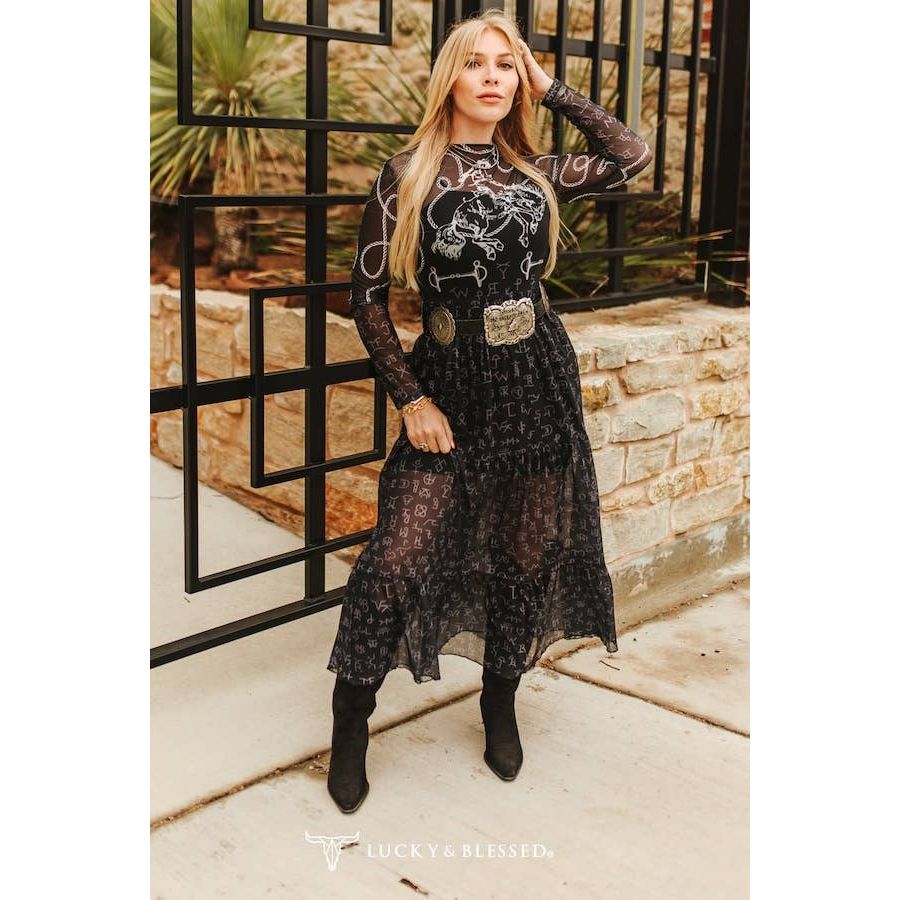 L & B Horse Cowboy Printed Mesh Maxi Ruffle Long Sleeve Dress