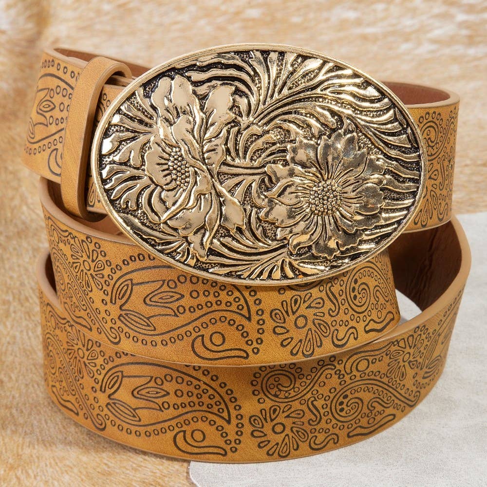 Floral Buckle Paisley Pattern Vegan Leather Belt