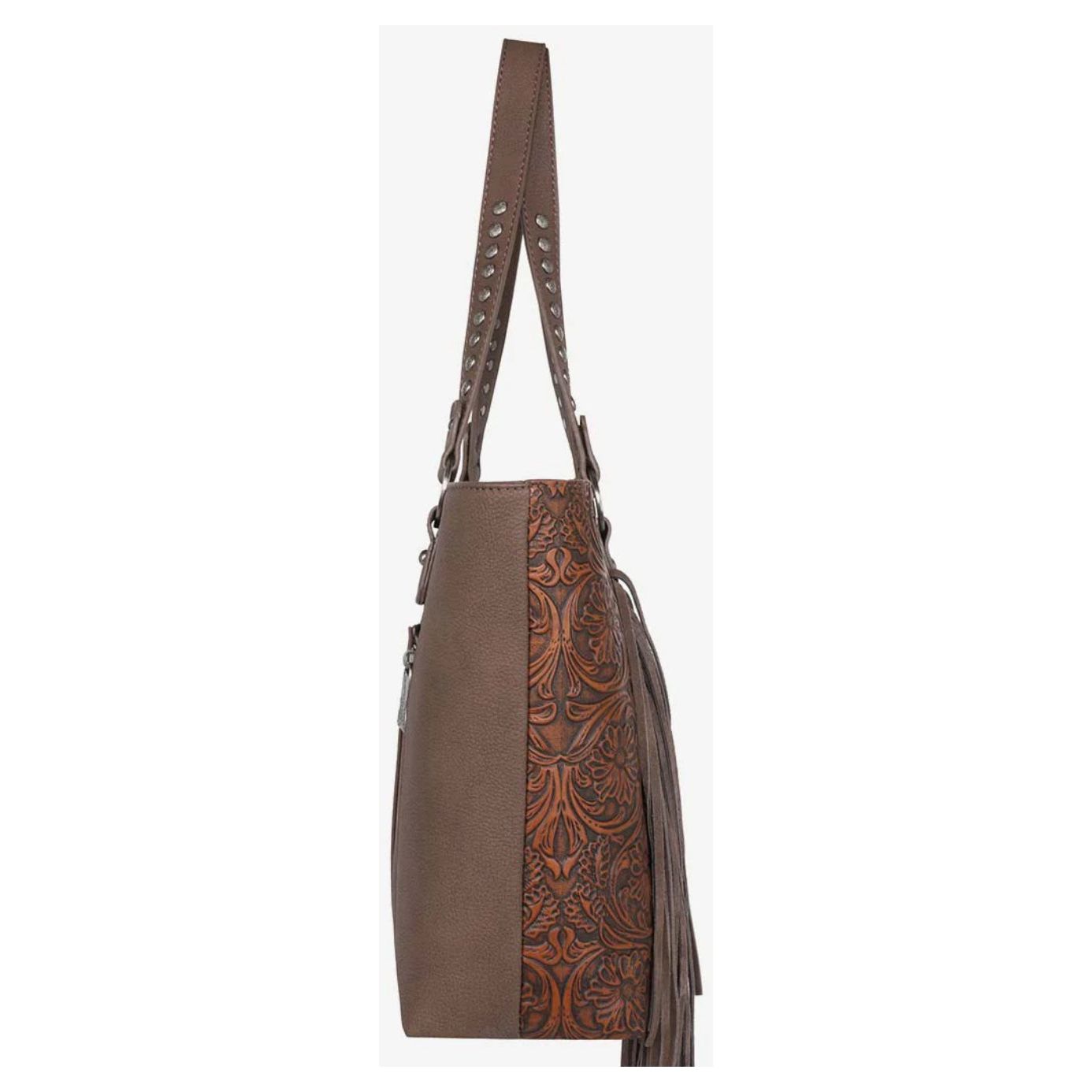 TRINITY RANCH LEATHER FRINGE FLORAL EMBOSSED CONCEALED CARRY TOTE