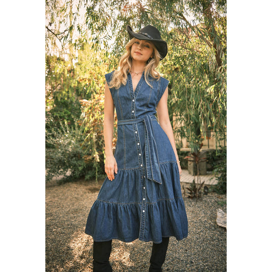 80189D - Belted Button Up Tiered Denim Midi Dress