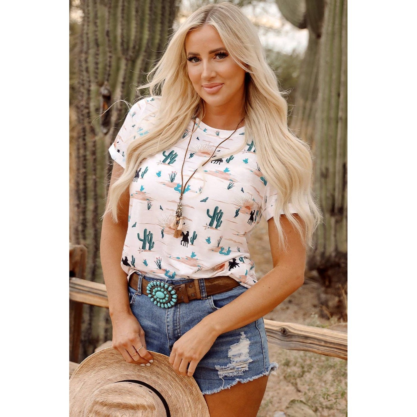 PRETTY BASH Western Cactus Crew Neck Short Sleeve Top
