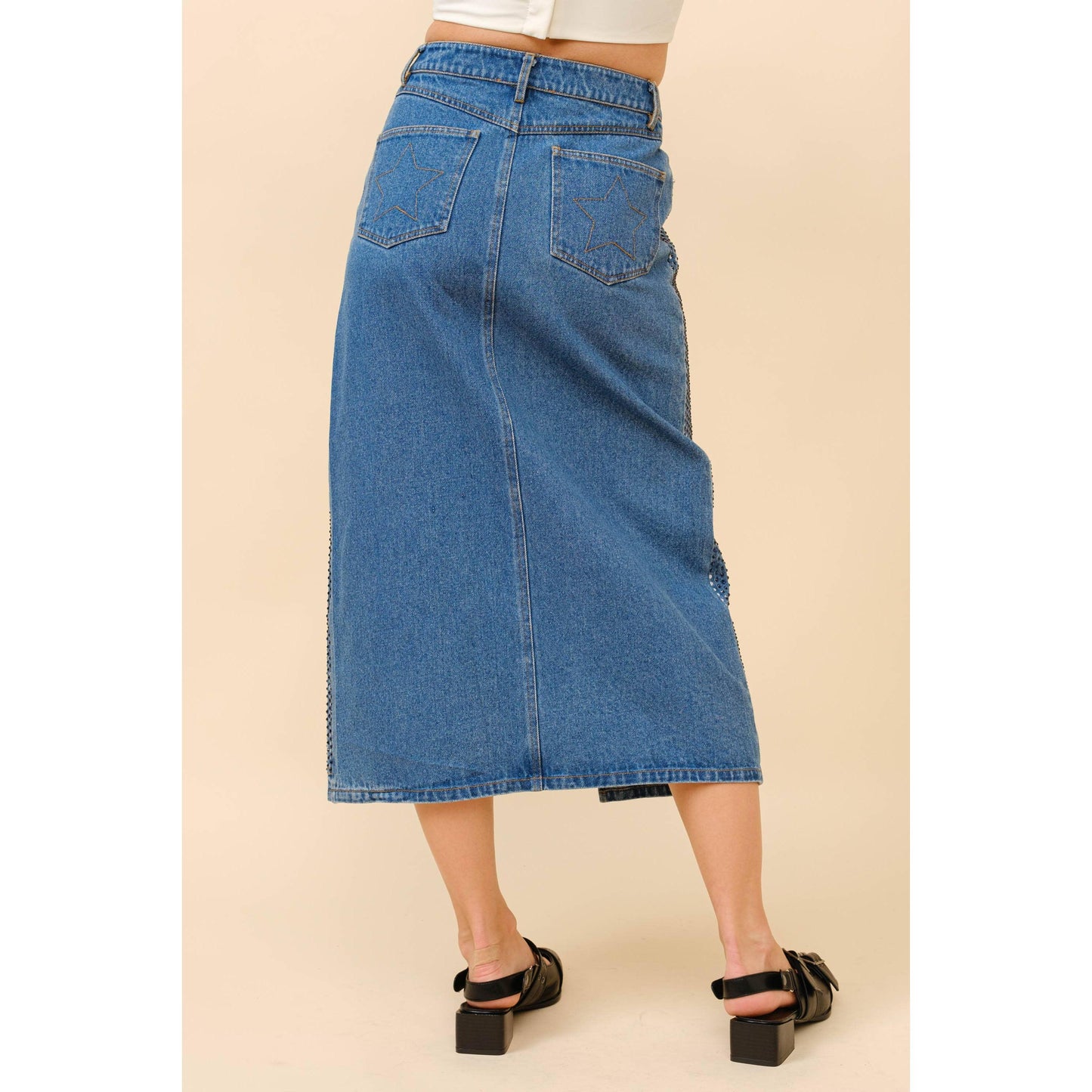 Blue B - 23052S - Embellished Stone Slit Midi Denim Skirt