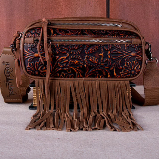 Trinity Ranch floral tooled triple zipped fringe belt bag TR165-198CF