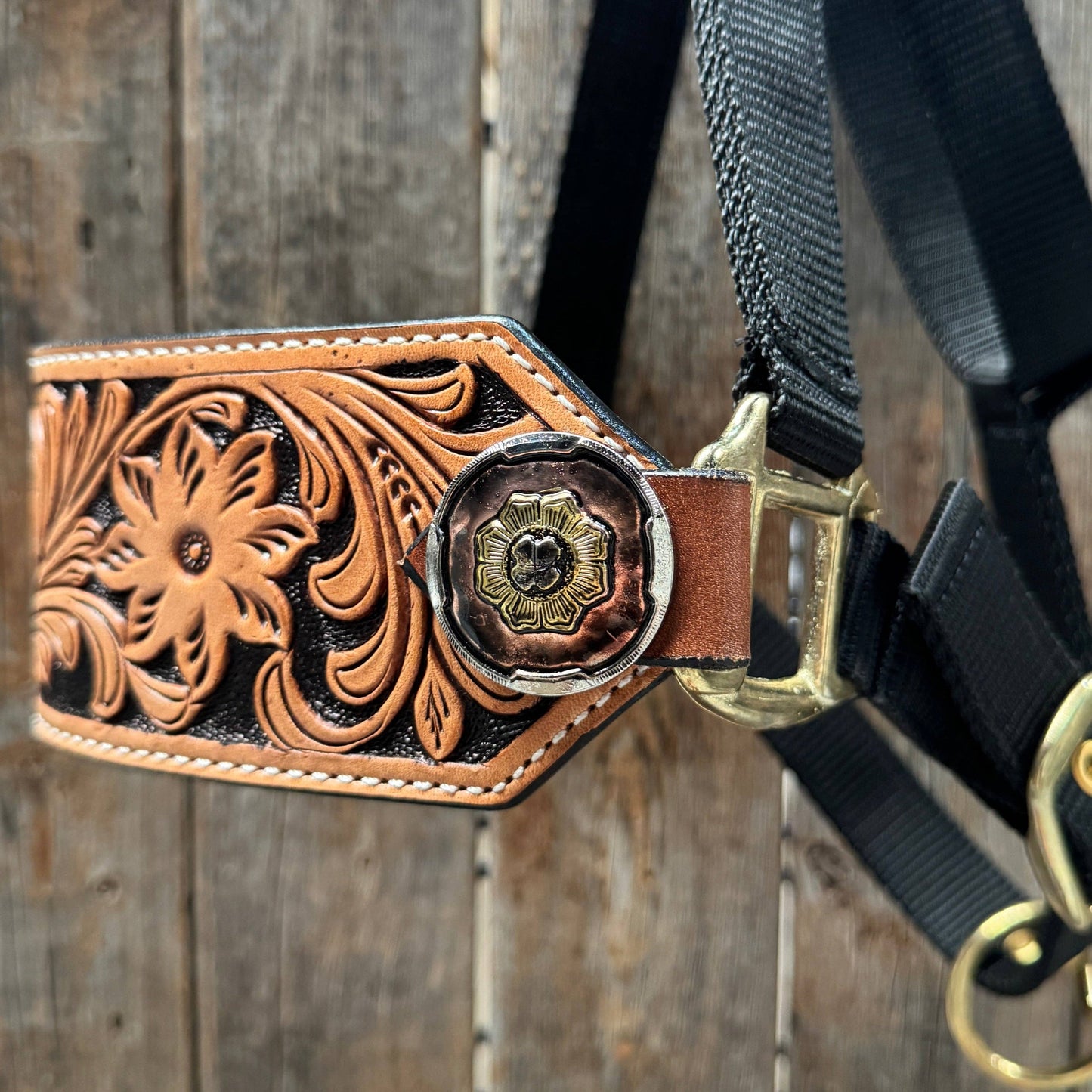 Black Nylon Horse Halter – Bronc Noseband with Western Conchos NH104