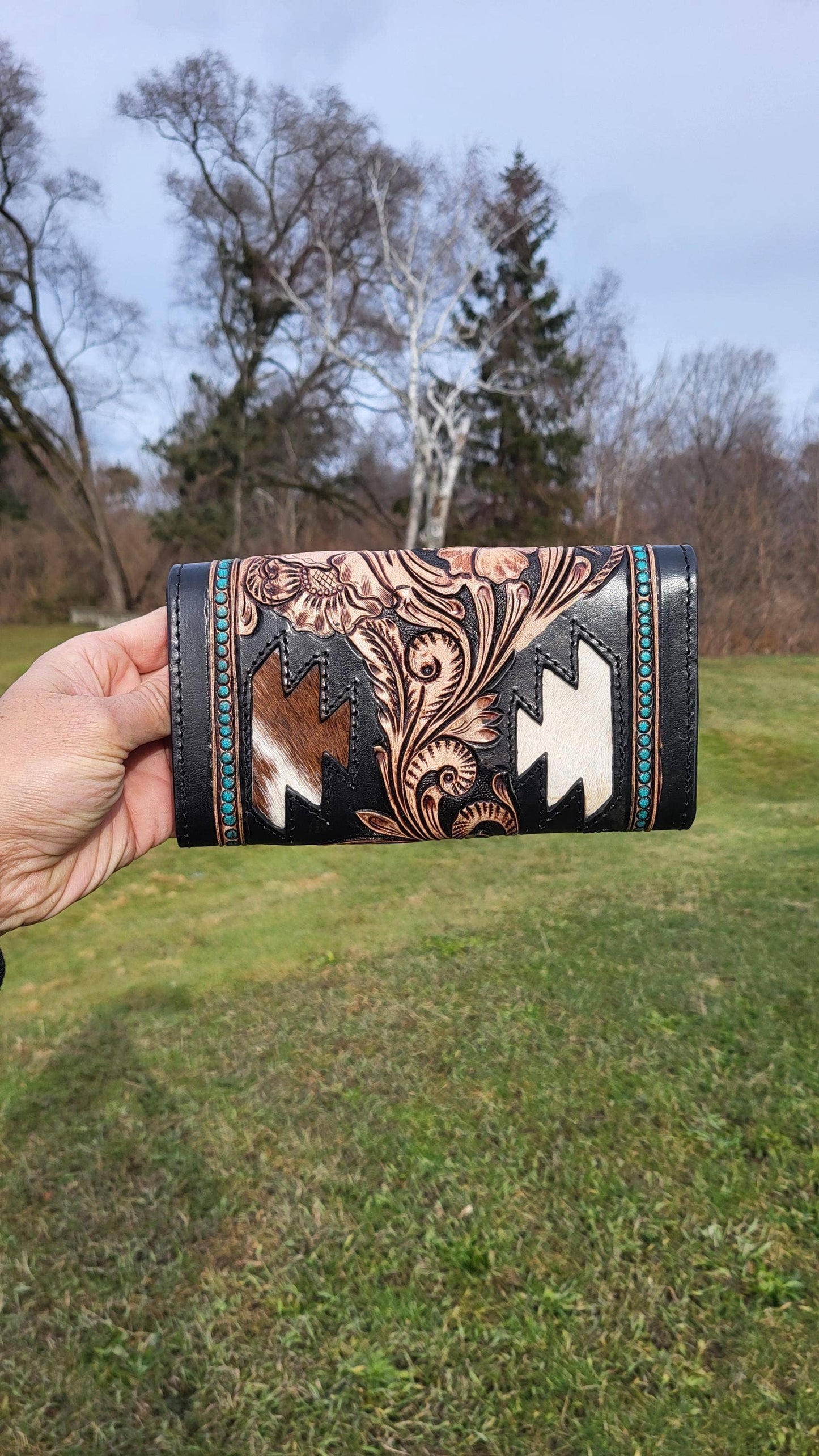Handcrafted Leather Cowhide Wallet  Tooled Turquoise