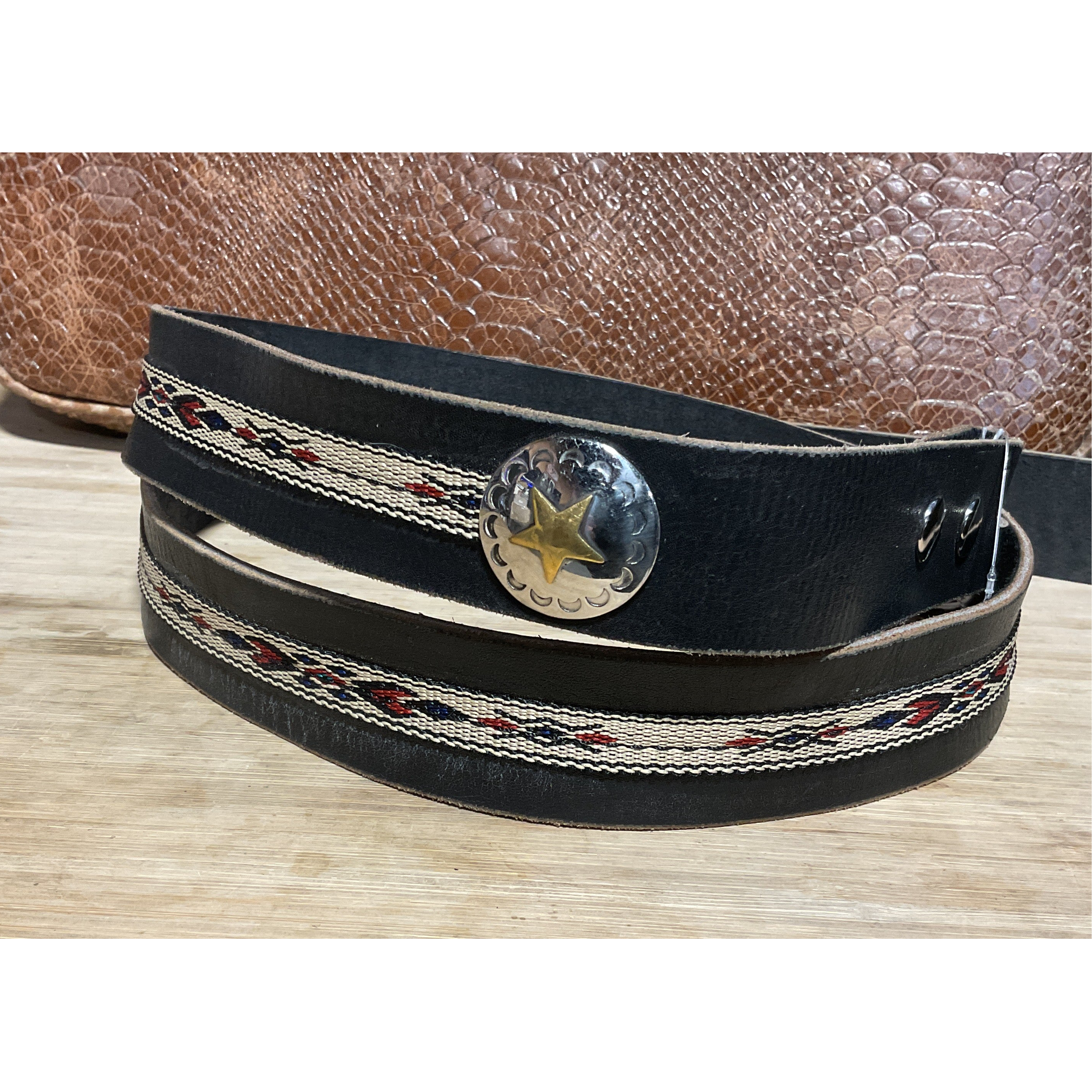 Men’s Belt, Black Leather with Western Stitched Design and Star Concos