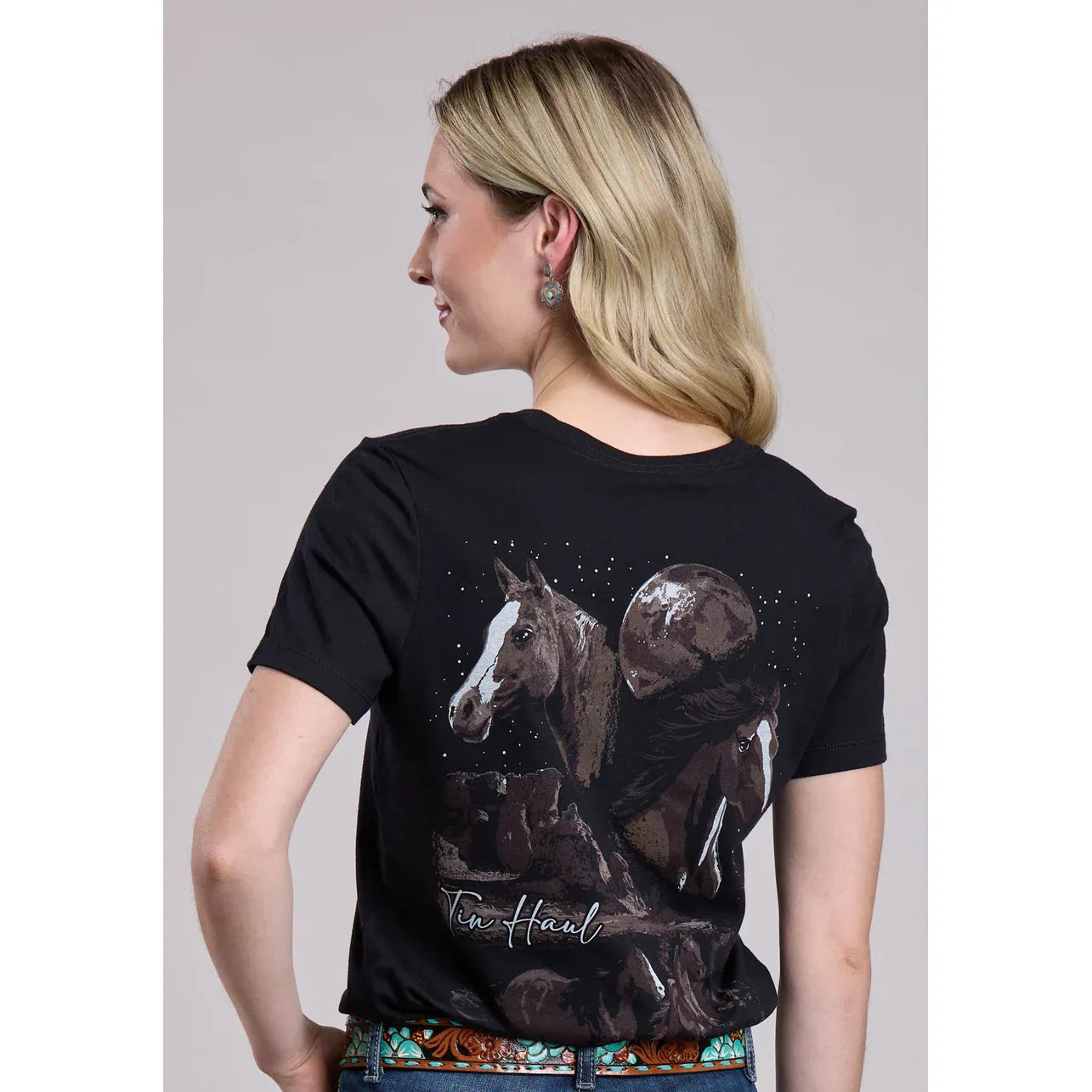 WOMENS TIN HAUL RUNNING HORSES COLLAGE ON BAC SHORT SLEEVE PULLOVER WESTERN