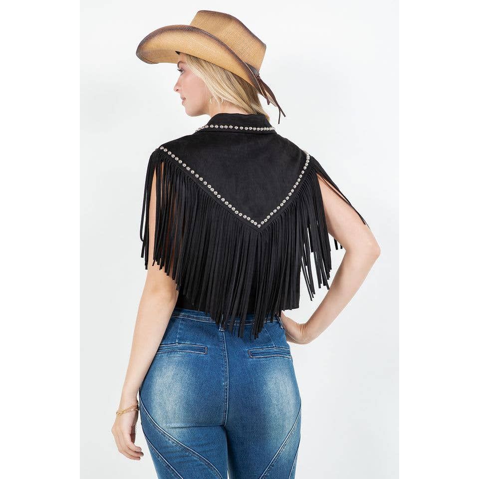 SIJ5407A BLACK FRINGE AND STUDDED DETAIL VEST