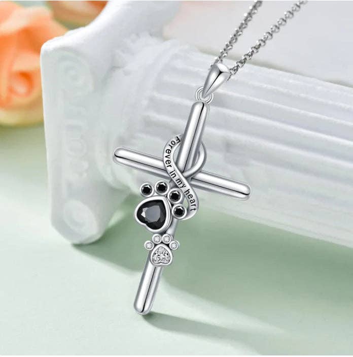 Infinity Paw Print Cross Necklace in 925 Sterling Silver