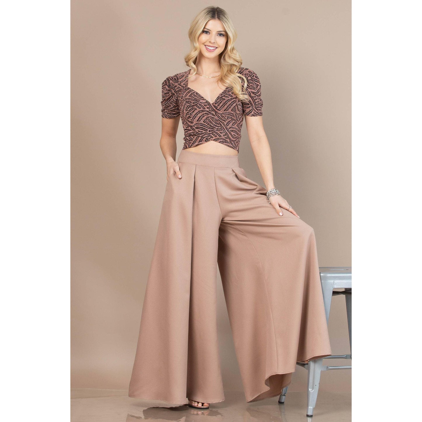 Nylon Apparel - P919-Solid-Solid  Color Women Wide Palazzo Pants