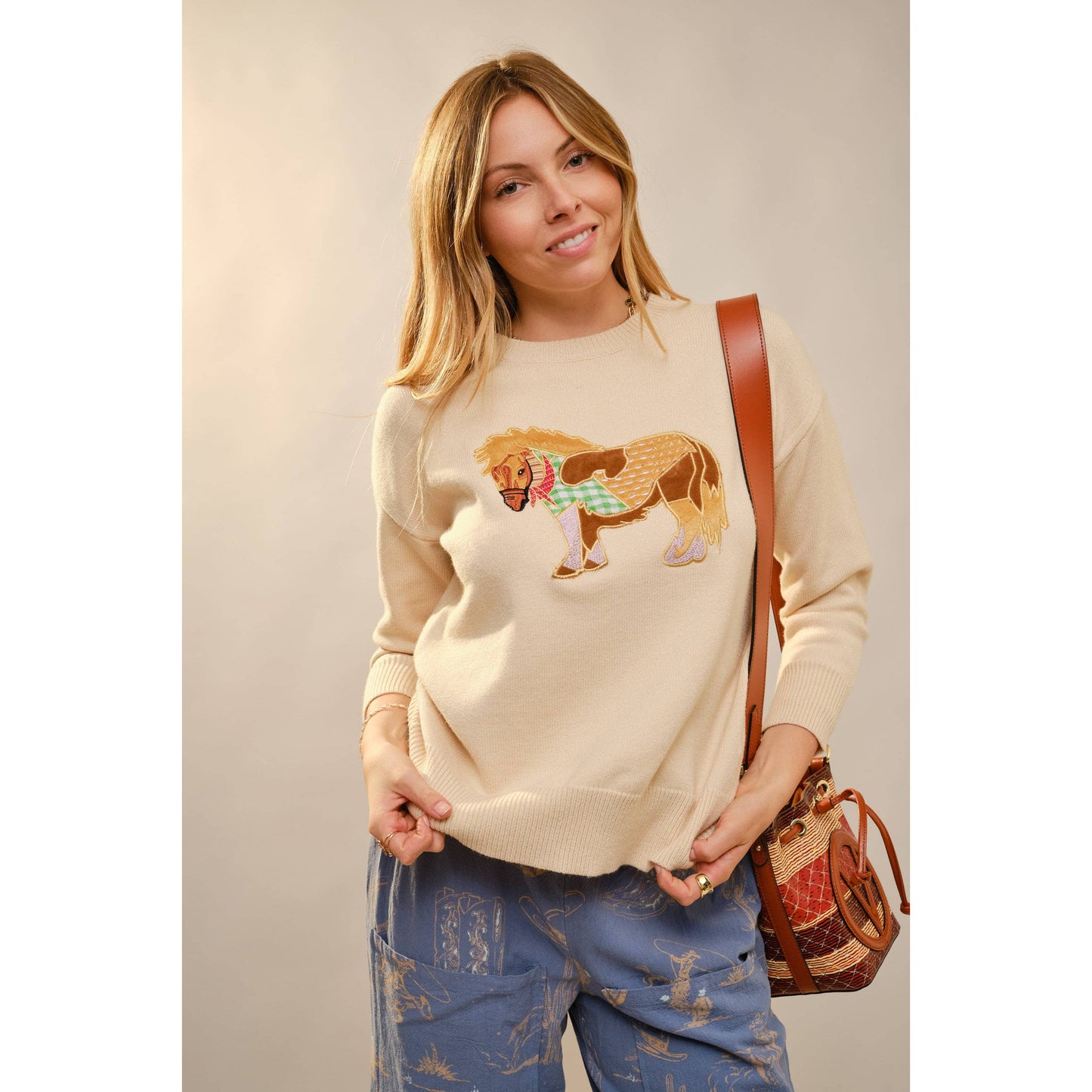 52269W Pony Embroidery Crew Neck Pull Over Sweater