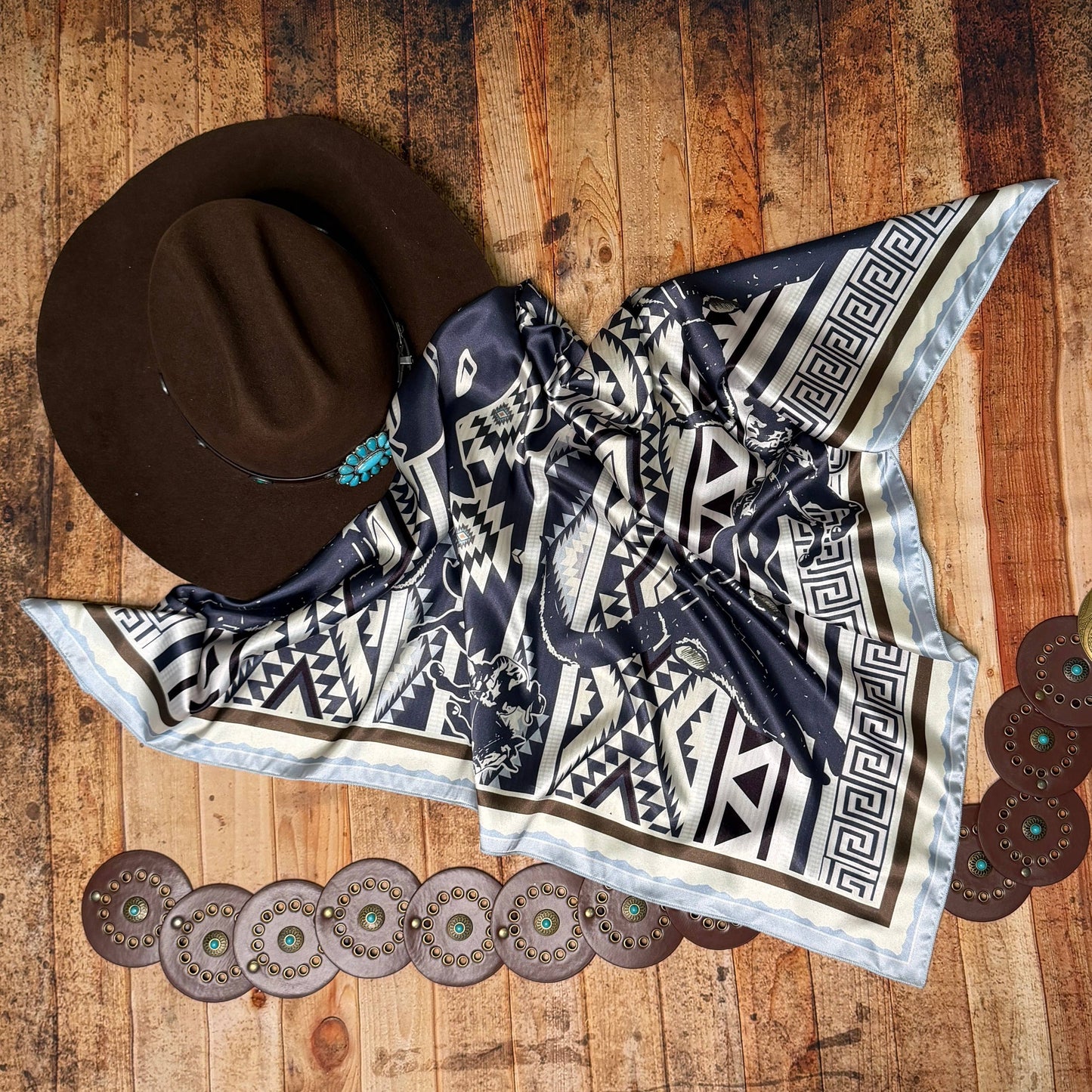 AVS-861 AZTEC COWBOY LONGHORN PRINT SILK WILD RAG 36X36