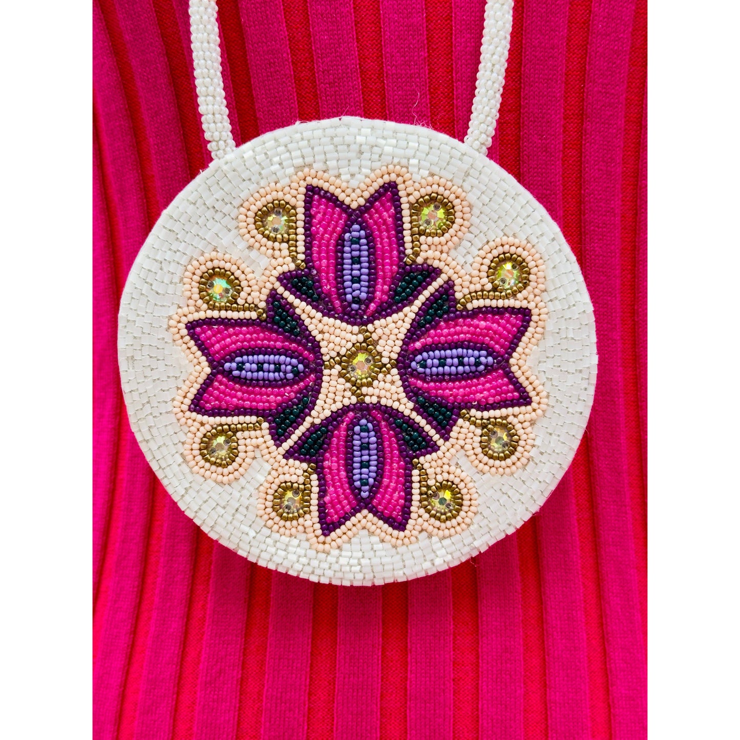 Pink Purple Floral Beaded Pendant Necklace & Earrings Set