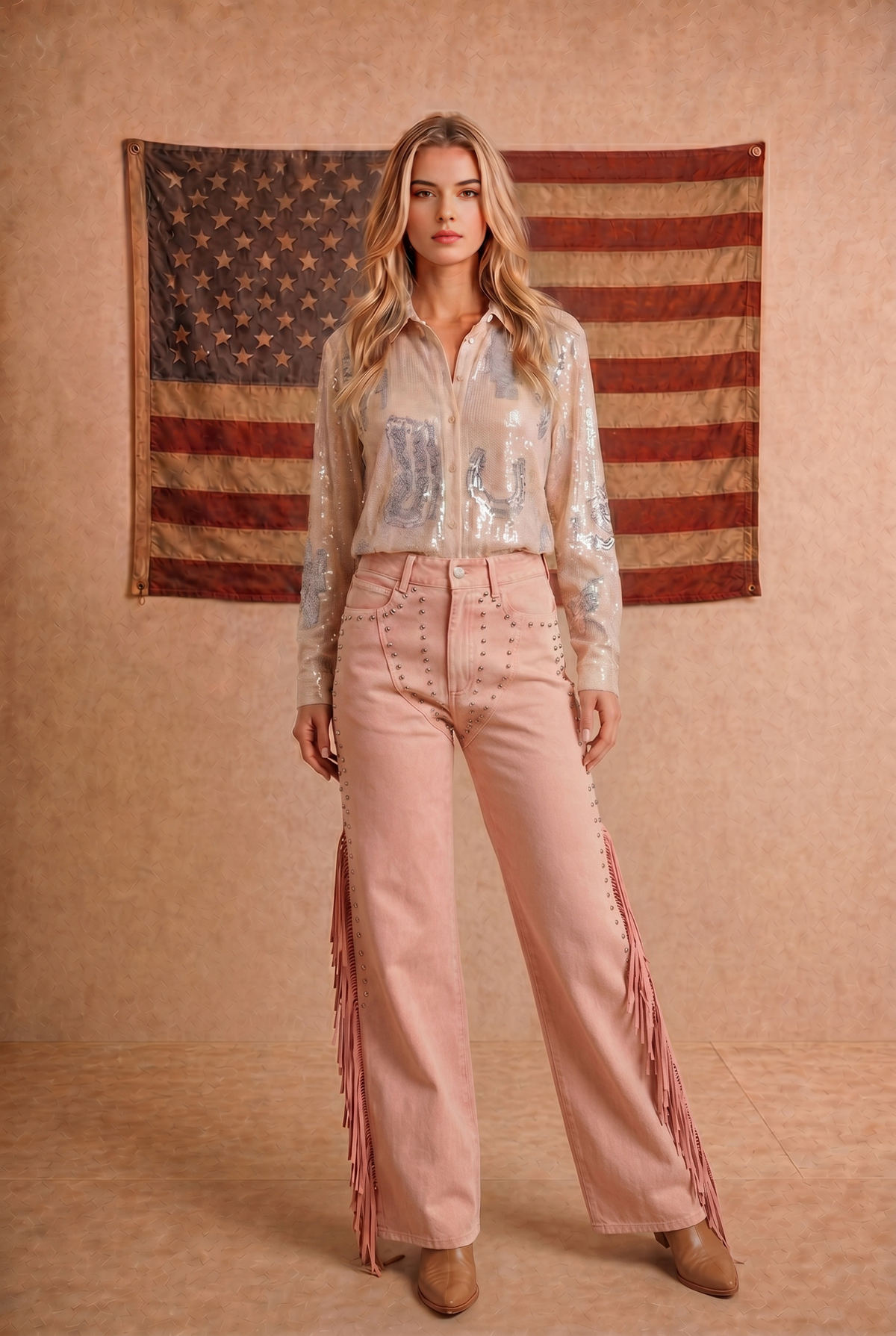 Western Embroidery Sequin Button Down Shirt