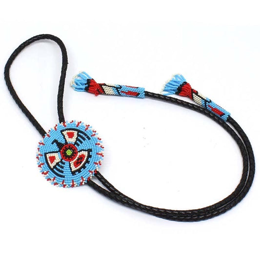 Handmade beaded Cyan Blue Thunderbird leather Bolo Tie