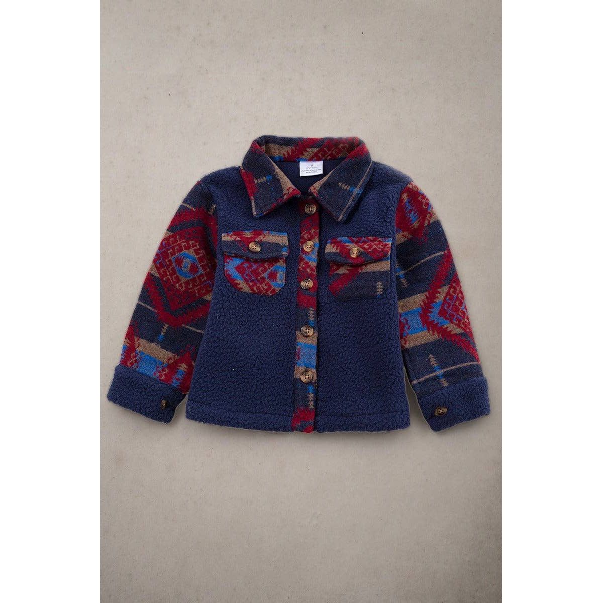 Navy blue sherpa shacket with geometric printed sleeve. TPG65133050SOL