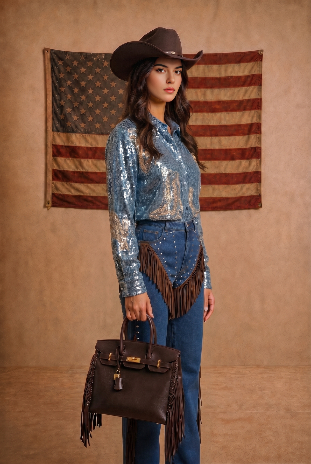Western Embroidery Sequin Button Down Shirt